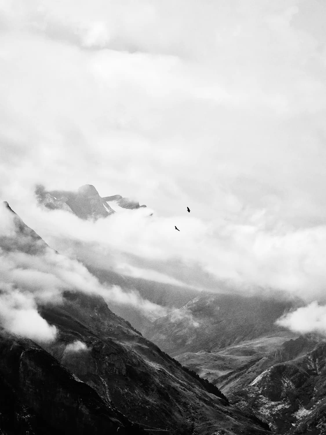 PYRENEES LANDSCAPE MOUNTAINS VULTURES CLOUDS  